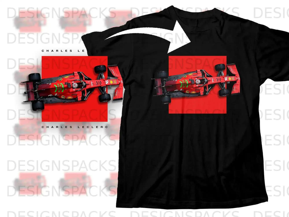 Black t-shirt with a red Formula 1 car graphic and "CHARLES LECLERC" text.