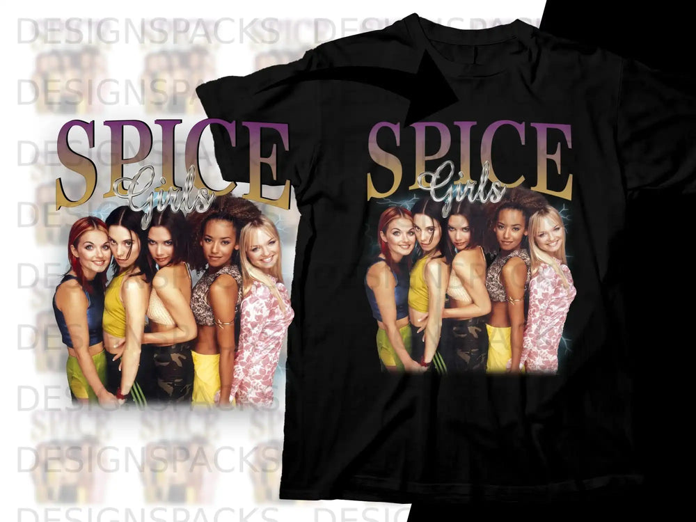 Spice Girls group posing for a photo on a black t-shirt.