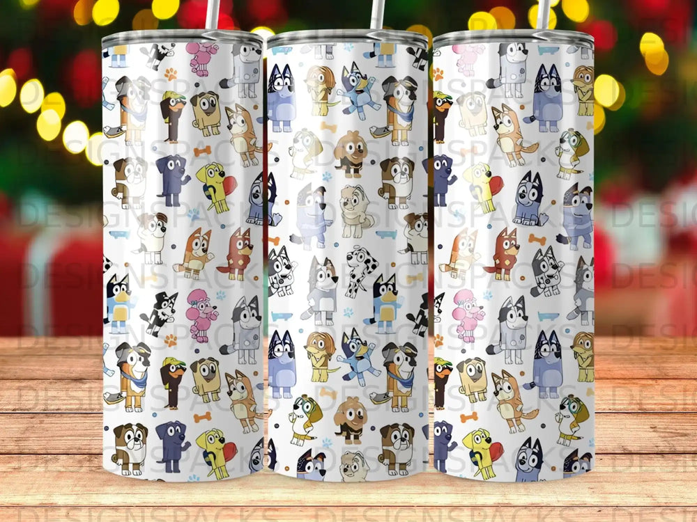 Three tumblers with a repeating pattern of cartoon dogs and bones.