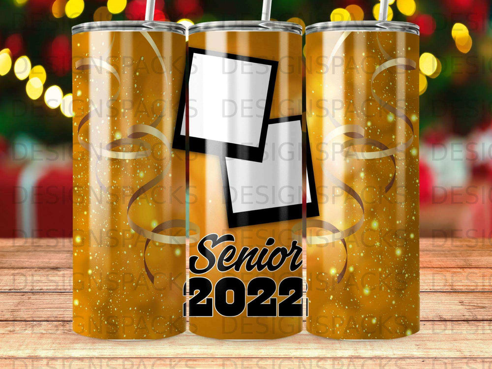 Tumbler with "Senior 2022" and photo frame graphics, set against a gold glitter background.