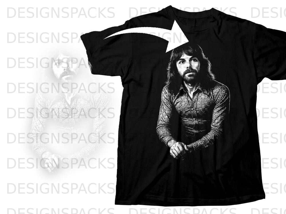 Black t-shirt with black and white graphic of a man with long hair.