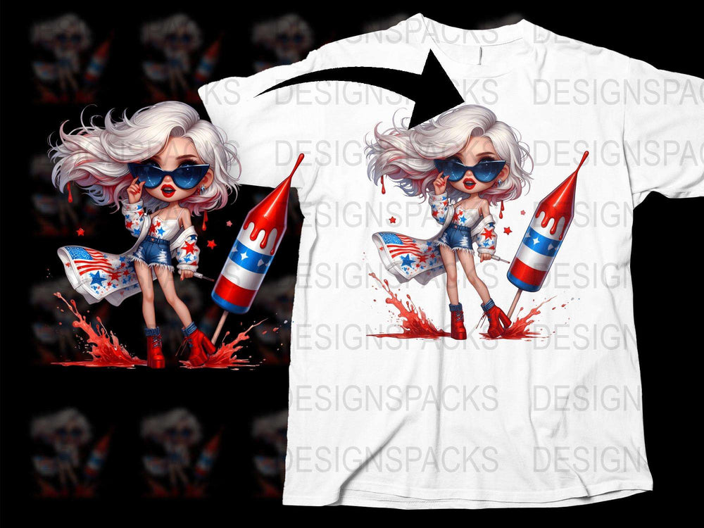 Patriotic Cartoon Girl Rocket T-Shirt, American Flag Design, Women's Graphic Tee, Trendy Summer Top, Red White and Blue Fashion