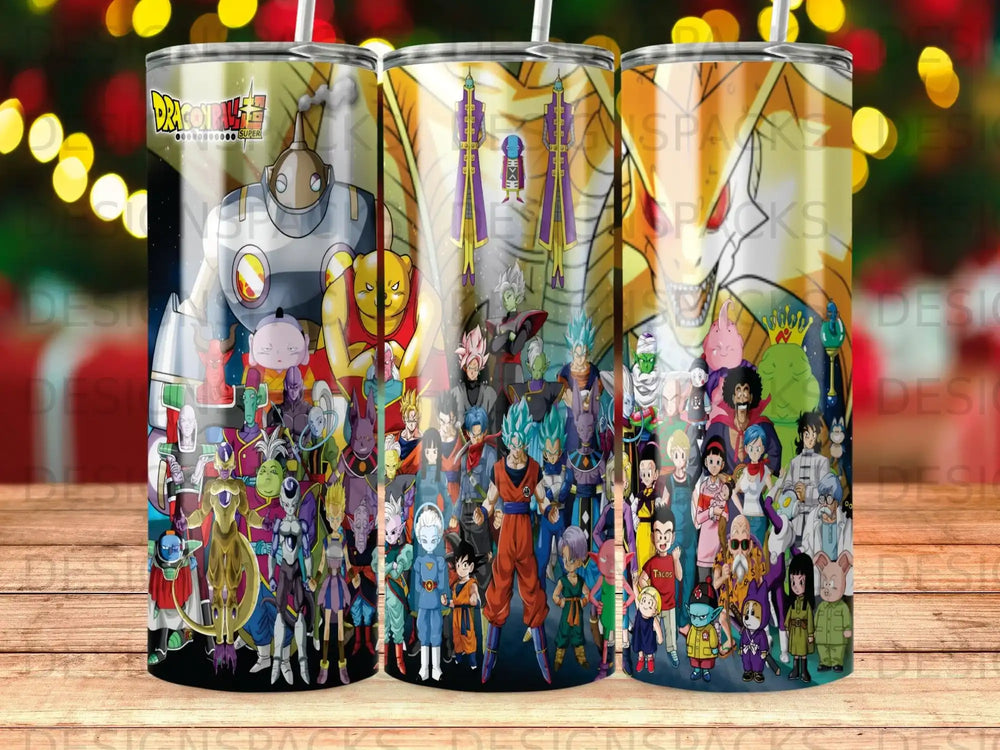 Dragon Ball Z characters montage, featuring Goku, Vegeta, and many others.