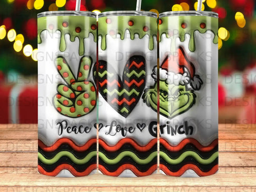 Peace, Love, Grinch design on three tumblers with wavy green, black, and red stripes.