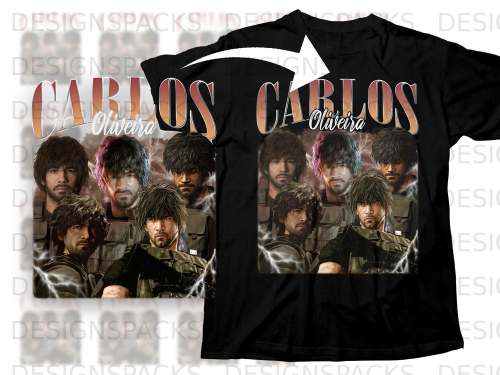 Carlos Oliveira graphic with multiple portraits and lightning on a black t-shirt.