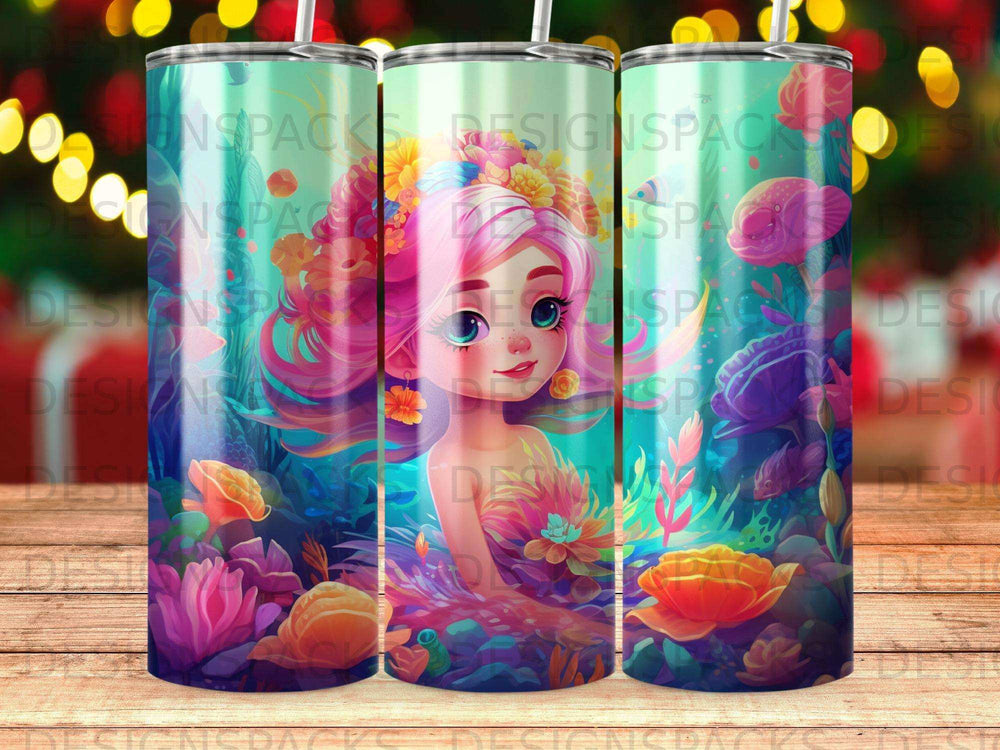 Mermaid with pink hair and colorful floral underwater scene.