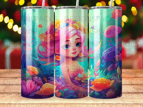 Mermaid with pink hair and colorful floral underwater scene.