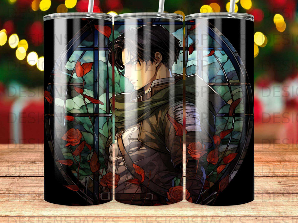 Anime character Levi Ackerman in stained glass window with red roses.