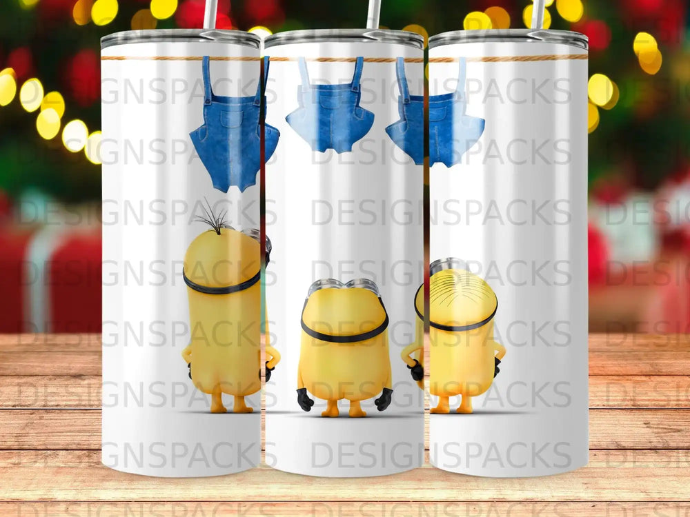 Minions wearing blue overalls with straps on a white tumbler.