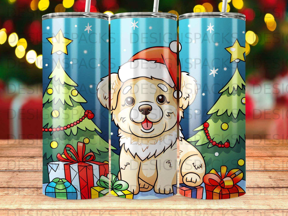 Dog in Santa hat with gifts and Christmas trees on a blue background.