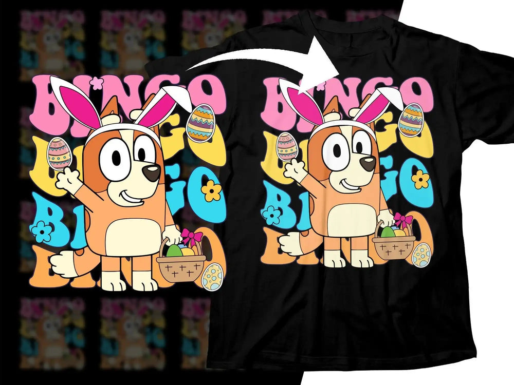 Bingo Easter dog t-shirt design with bunny ears, eggs, basket, and colorful text for DTF/DTG printing
