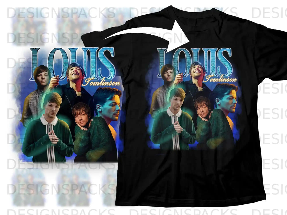 Black t-shirt with Harry Styles and Louis Tomlinson collage graphic.