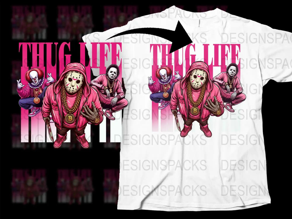 Thug Life T-Shirt, Pink Urban Hip Hop Streetwear, Jason Mask Graphic Tee, Men's Fashion, Bold Casual Wear