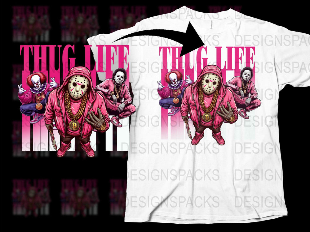 Thug Life T-Shirt, Pink Urban Hip Hop Streetwear, Jason Mask Graphic Tee, Men's Fashion, Bold Casual Wear