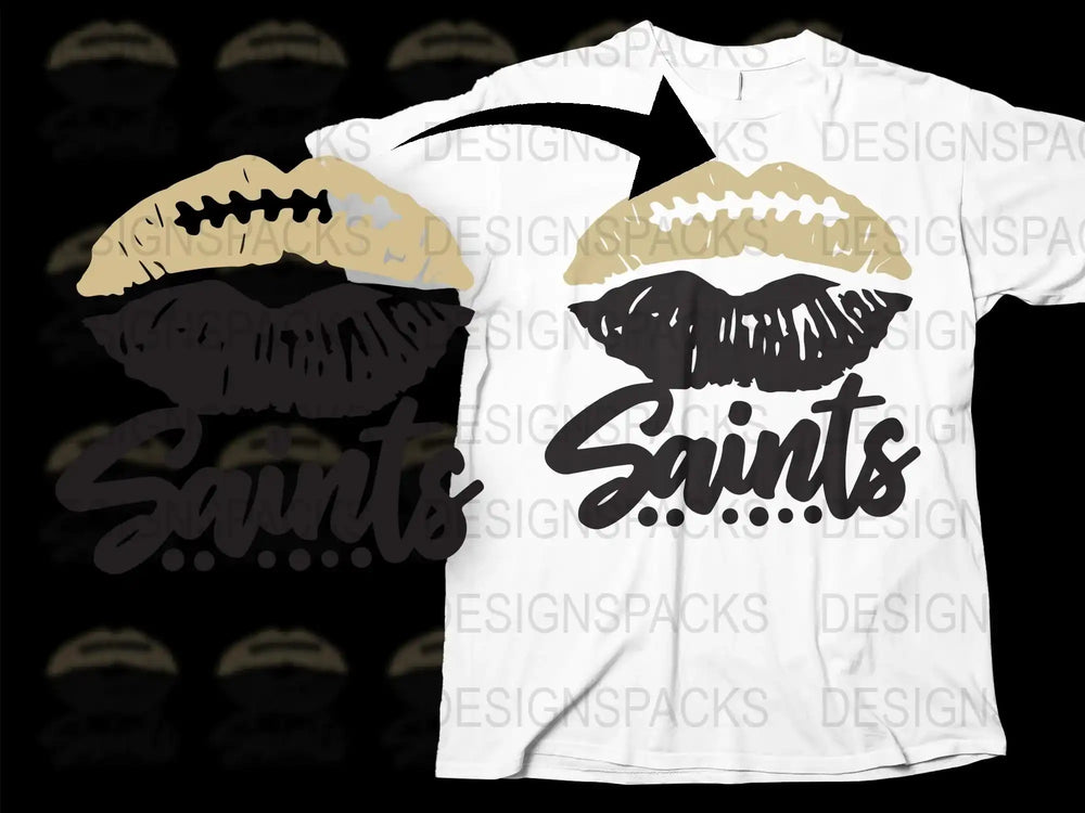 Graphic Lips T-Shirt, Saints Kiss Print, Modern Black and Gold Design, Stylish Casual Wear, Unisex Fashion Top