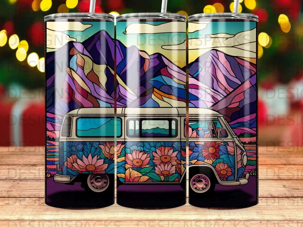 Colorful camper van with floral and mountain stained glass design.