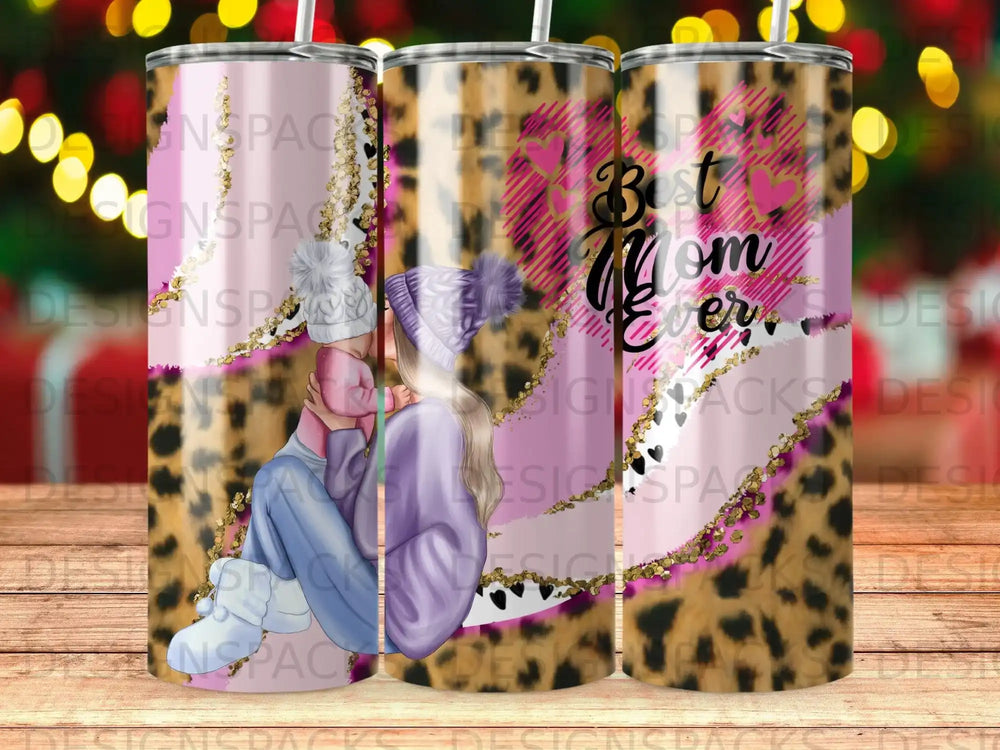 Tumbler with leopard print and "Best Mom Ever" design.