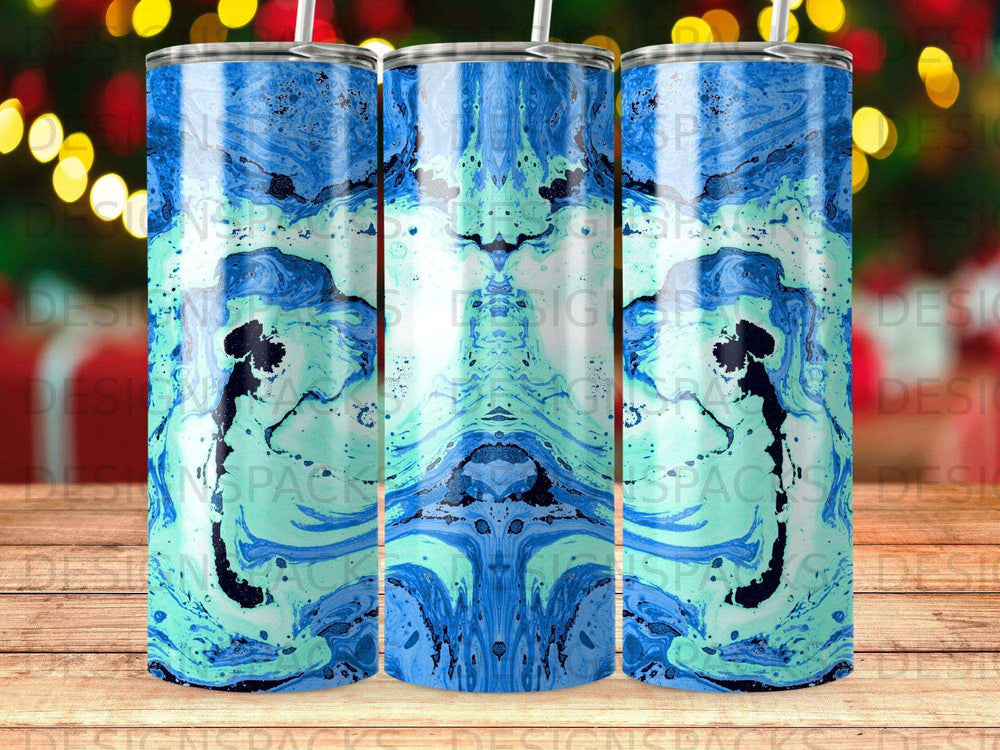 Blue and teal marbled pattern on a tumbler.