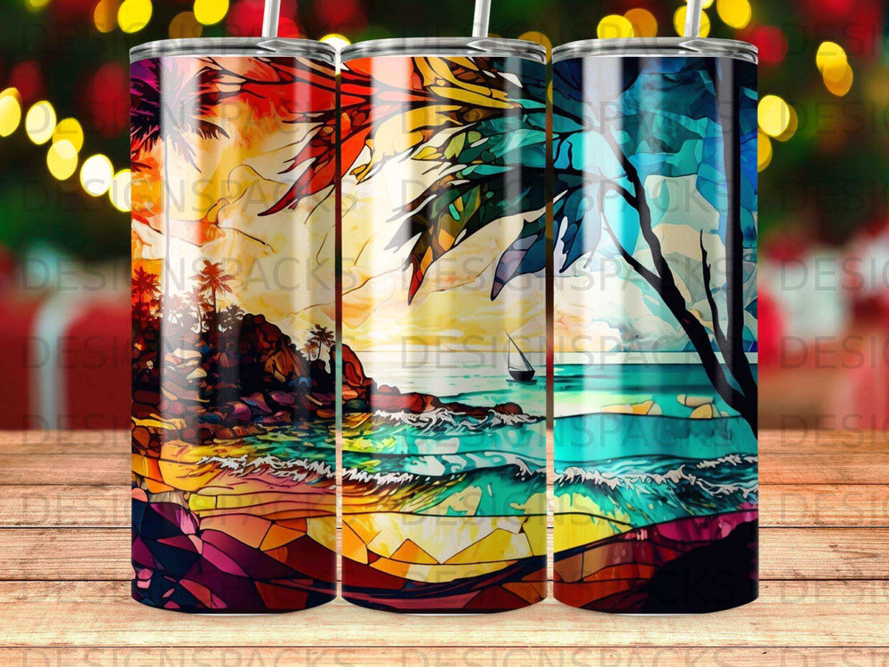Stained glass beach scene with palm trees, ocean waves, and distant sailboat.