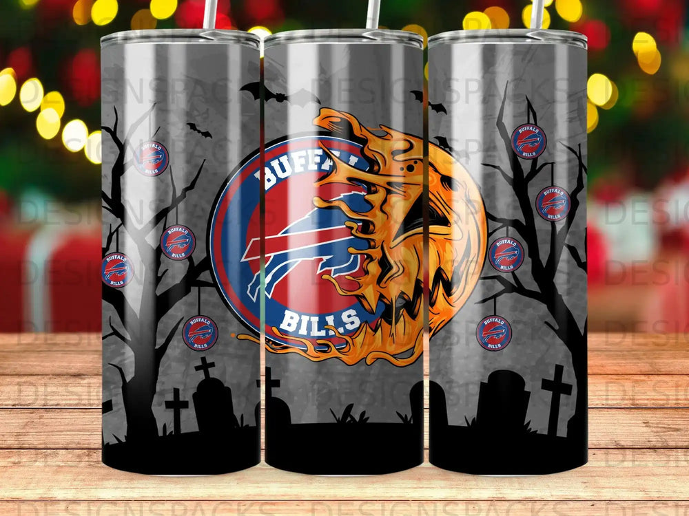 Buffalo Bills tumbler with spooky Halloween trees and gravestones.
