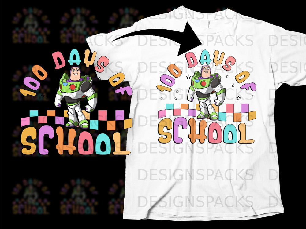 Buzz Lightyear graphic with "100 Days of School" text on a white t-shirt.
