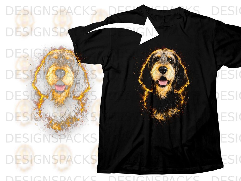 Black t-shirt with a vibrant watercolor illustration of a scruffy dog's face.