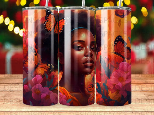 Woman with butterflies and flowers on a patterned tumbler.