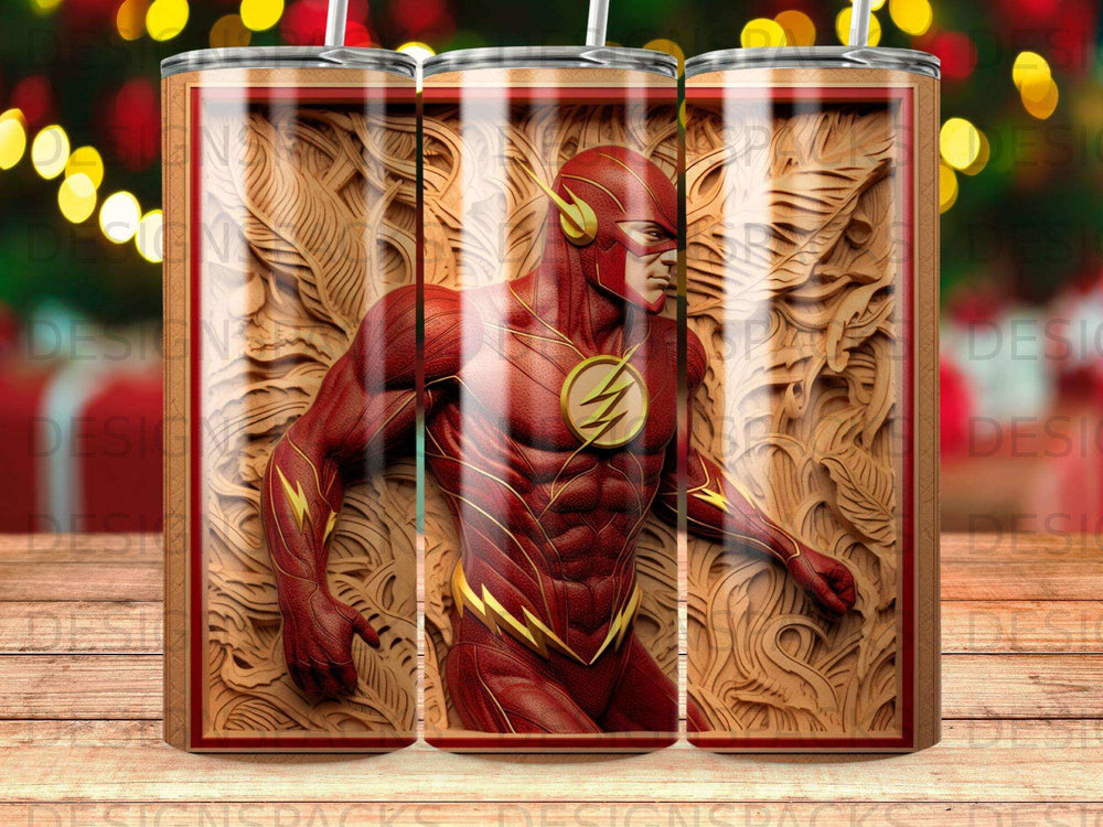 The Flash superhero in a textured, carved wood frame on a tumbler.