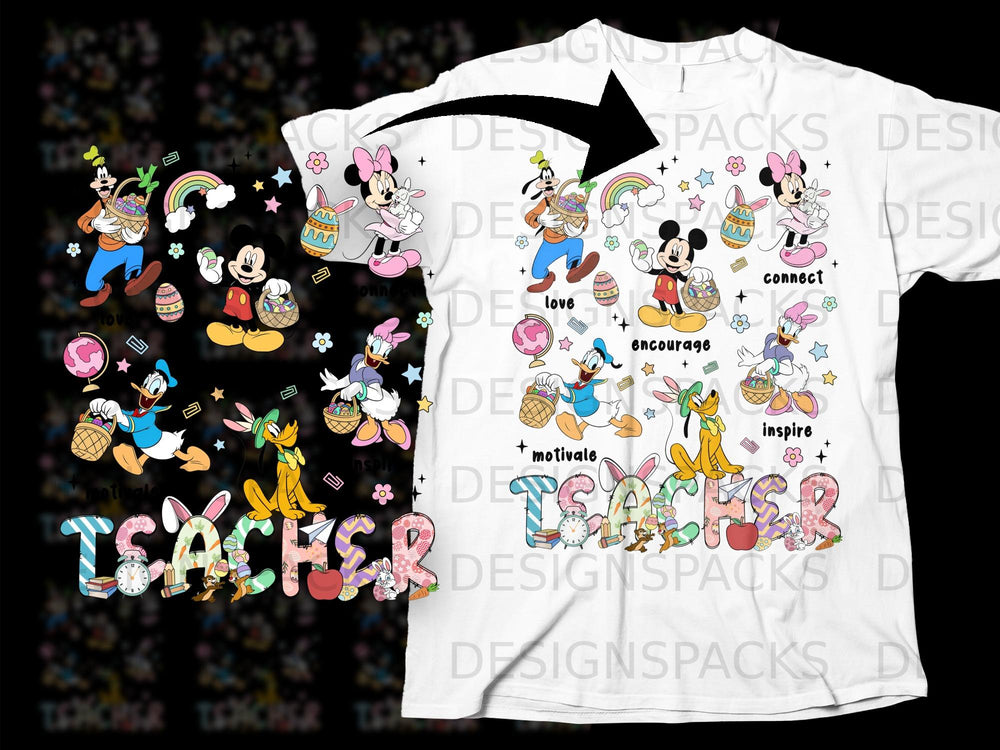 Disney characters with Easter baskets and the word "TEACHER" in colorful letters.