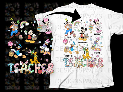 Disney characters with Easter baskets and the word 