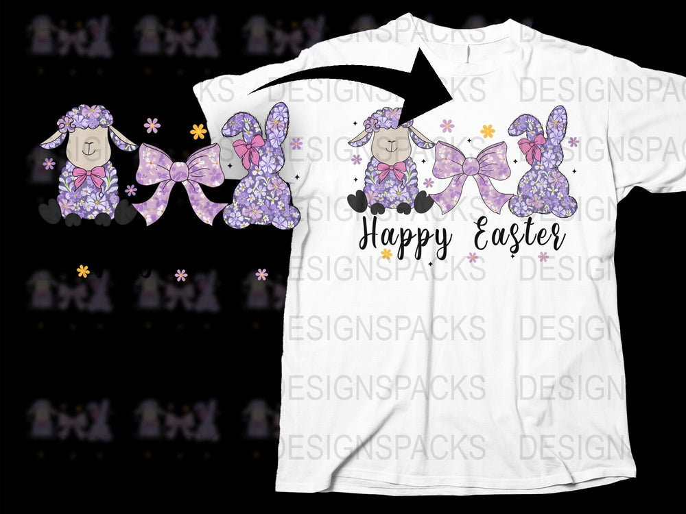 Happy Easter T-Shirt with Floral Sheep Design, Cute Spring Tee, Purple Flowers, Kids and Adults Sizes Available