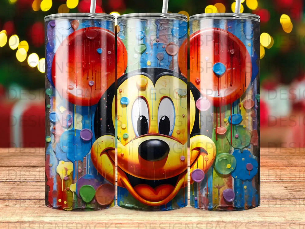 Mickey Mouse face on a colorful, abstract, dripping paint tumbler.