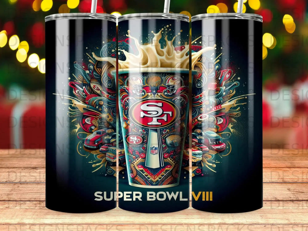San Francisco 49ers Super Bowl LVIII themed tumbler with team logo and celebratory elements.