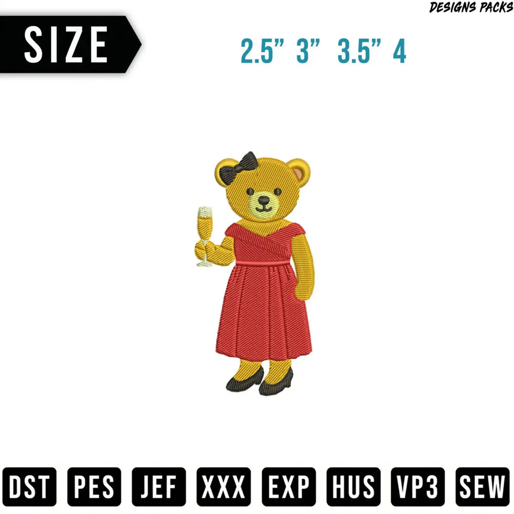 Embroidery design of a teddy bear in a red dress holding a champagne flute.