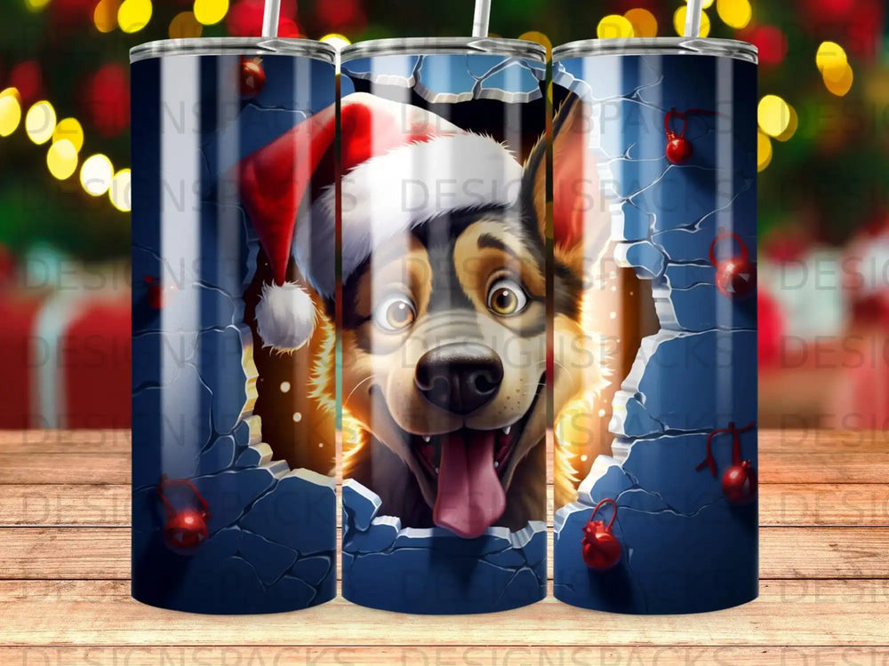 Dog wearing Santa hat peeking through torn blue paper background.