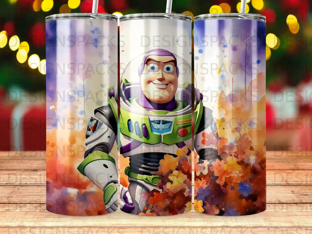 Buzz Lightyear with colorful watercolor splashes.