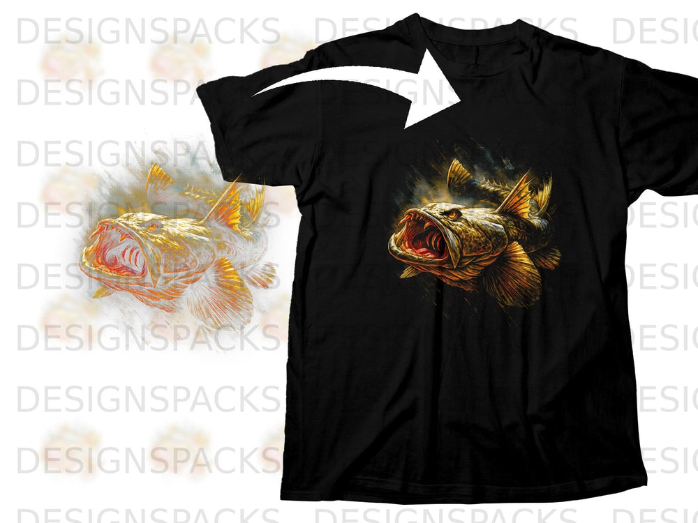Black t-shirt with a graphic of a fierce bass fish head with open mouth and sharp teeth.