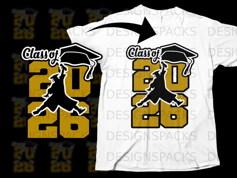 White t-shirt with "Class of 2026" in gold and black silhouette.
