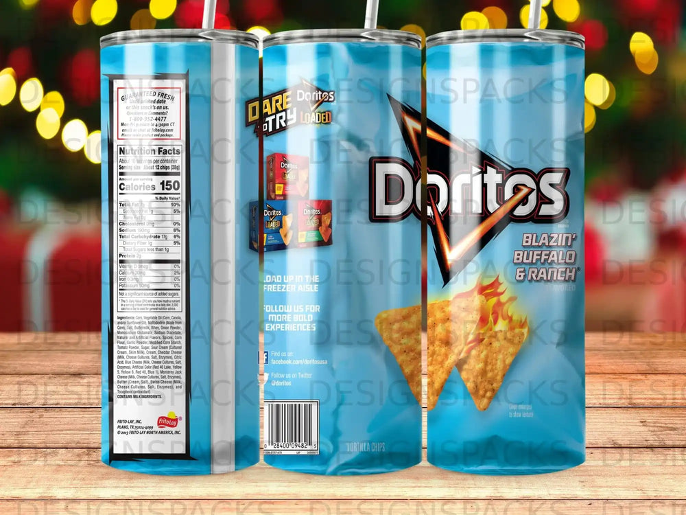 Doritos Blazin' Buffalo & Ranch tortilla chips snack bag with nutrition facts