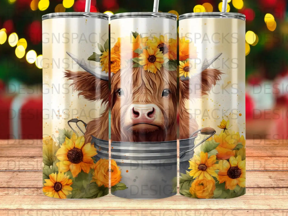 Highland cow with sunflower crown in bucket, floral pattern.