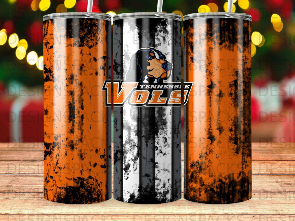 Tennessee Vols tumbler with distressed orange and black stripes.