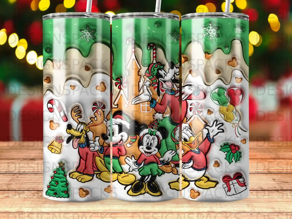 Mickey, Minnie, Donald, and Goofy in a gingerbread Christmas scene.