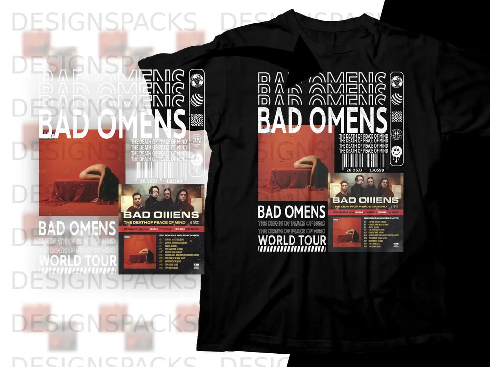 Bad Omens album art with tour dates and chart information.
