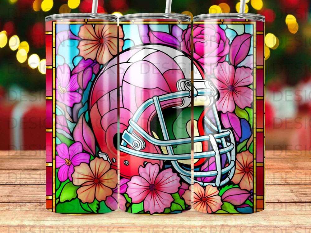 Pink football helmet and colorful flowers in stained glass style.