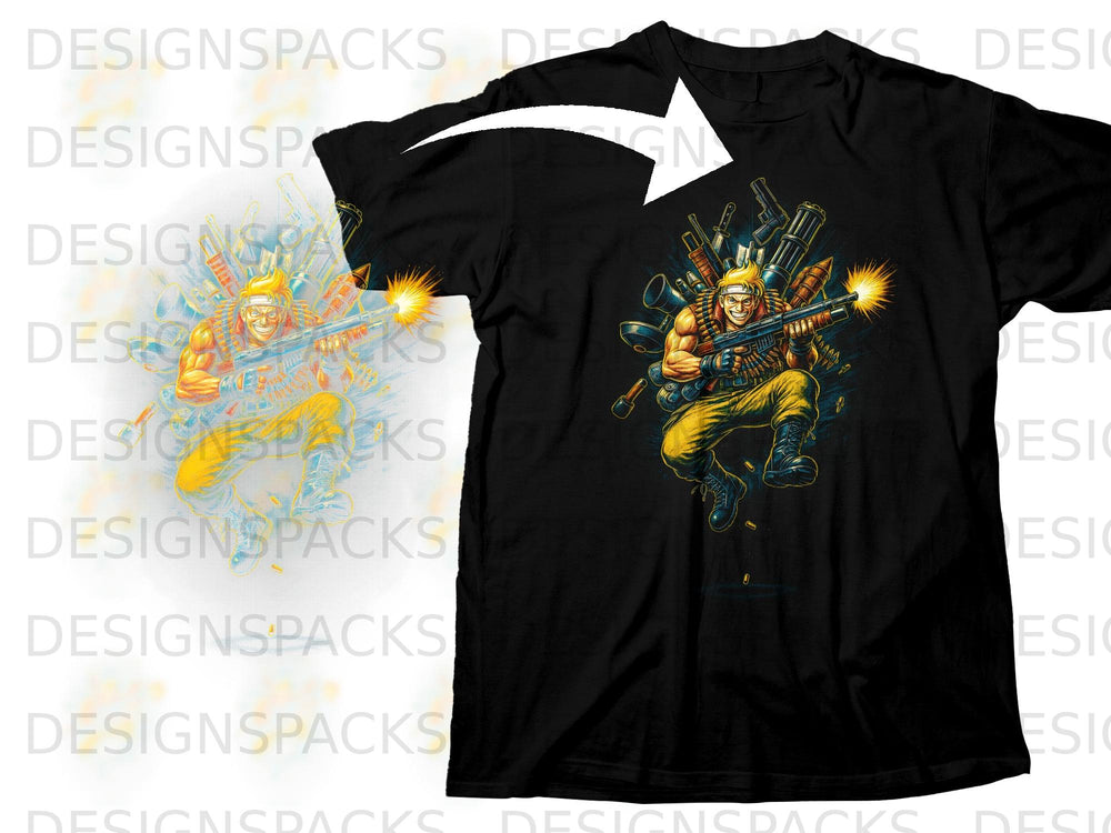 Black t-shirt featuring a cartoon soldier with guns and ammunition.