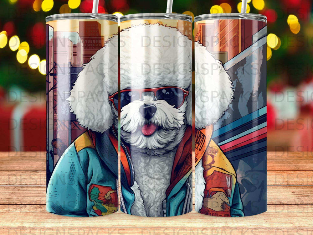 Fluffy white dog wearing sunglasses and a jacket, front of cityscape.