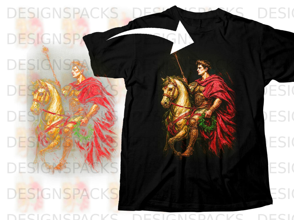 Black t-shirt with Roman emperor on horseback graphic.