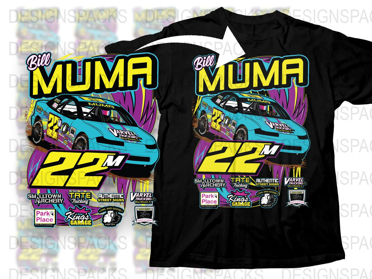 Racing Car T-Shirt, Bill Muma, Graphic Tee, Vintage Style, Number 22M, Colorful Design, Retro Race Car Apparel