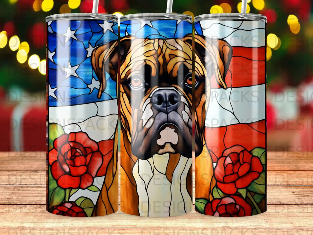 Boxer dog portrait with American flag and rose stained glass design.