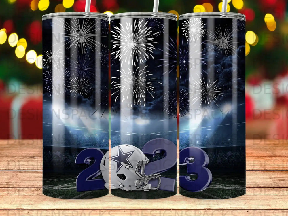 Dallas Cowboys helmet and "2023" with fireworks on a stadium background.